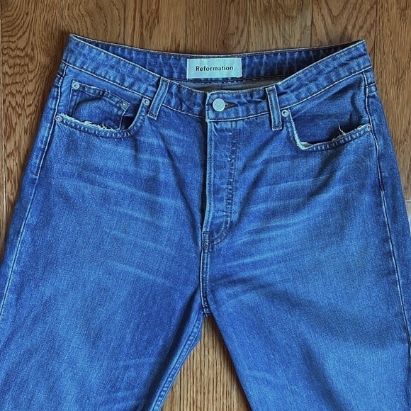 EUC Reformation Fawcett Jeans Celtic Wash Cropped Wide Leg Raw Hem Denim US 30 - Picture 6 of 12